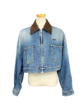 Prada Jacket Triangle Plate Collar Leather Cotton Blue